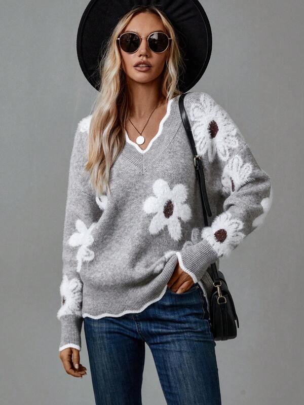 Thea™ | Feminine V-Neck Floral Sweater | Elegant Everyday Comfort