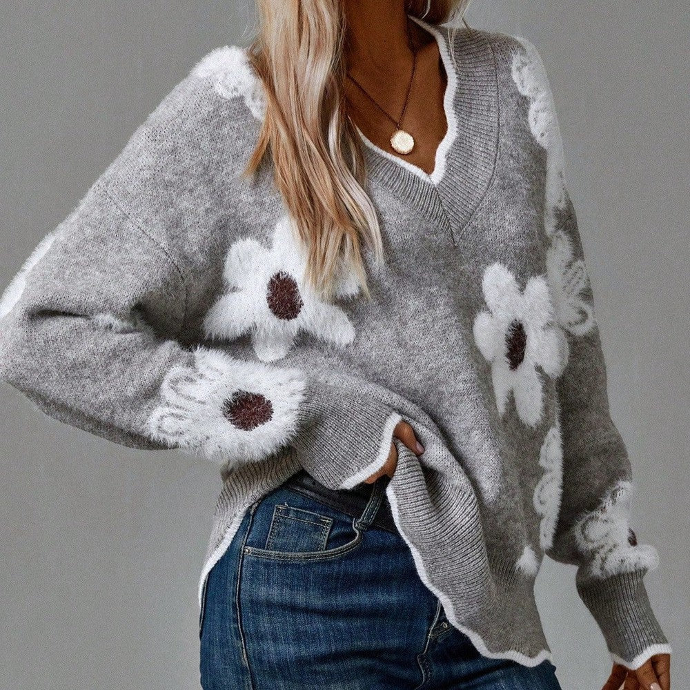 Thea™ | Feminine V-Neck Floral Sweater | Elegant Everyday Comfort