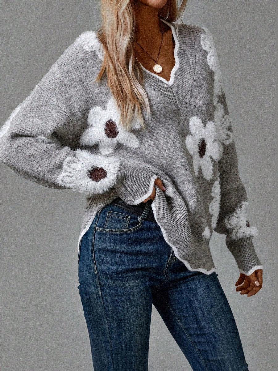 Thea™ | Feminine V-Neck Floral Sweater | Elegant Everyday Comfort